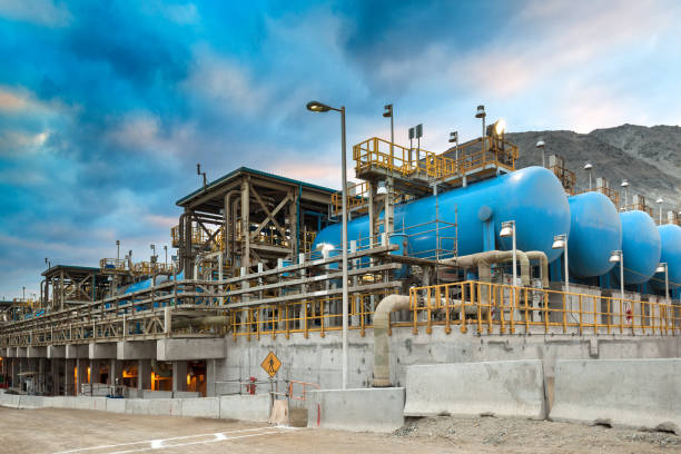 Water tanks and reverse osmosis equipment in a desalination plant