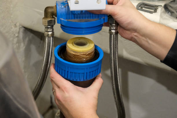 Replacement of a water softener filter cartridge by a technician, in a house
